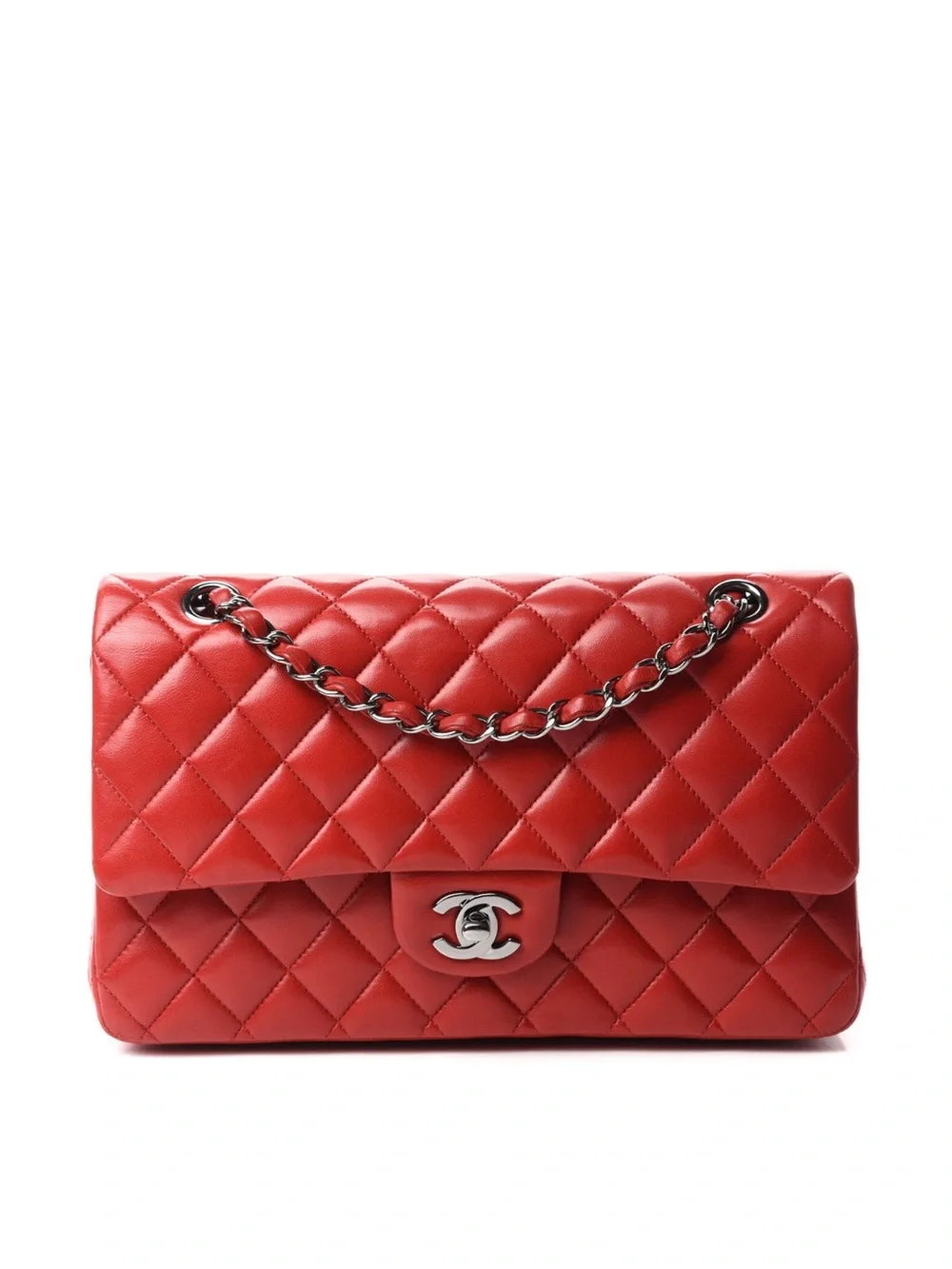 CHANEL Classic Quilted Lambskin Medium Double Flap Red Excellent Condition
